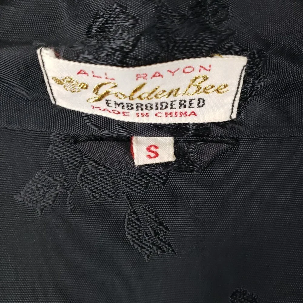 Golden Bee Vintage Black Silky Rayon Robe Kimono Embroidered Floral Bird Small